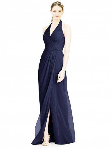 Soft Chiffon Halter Neck Sleeveless Open Back Dark Navy Long Formal Dress / Bridesmaid Dress Kent