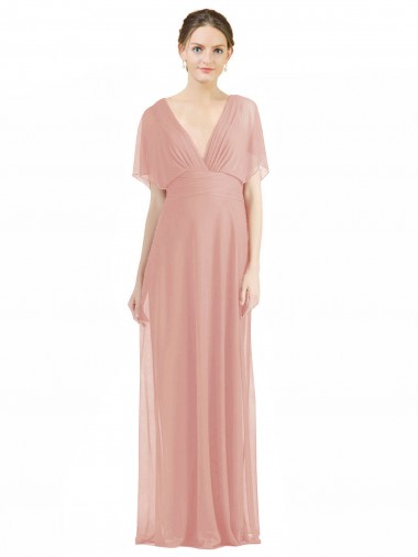 Soft Chiffon V-Neck Short Sleeves V-Back Long Bridesmaid Dress / Formal Dress Kent