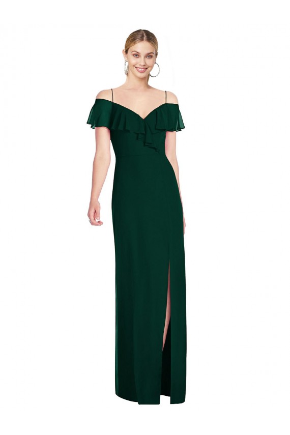 Soft Chiffon Spaghetti Straps Cold Shoulder Ever Green Long Semi Formal Evening Dress / Bridesmaid Dress Kent
