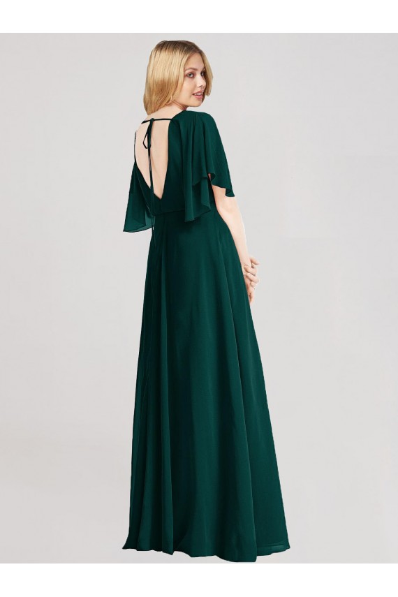 Soft Chiffon Round Neck Flutter Sleeves Tie Back Long Bridesmaid Dress Kent