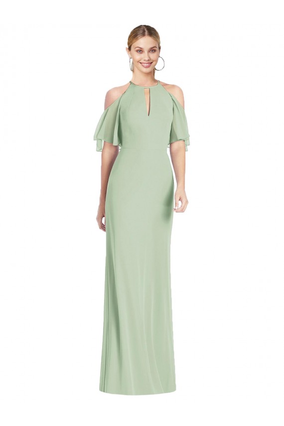 Soft Chiffon Halter Neck Cold Shoulder Long Semi Formal Evening Dress / Bridesmaid Dress Kent