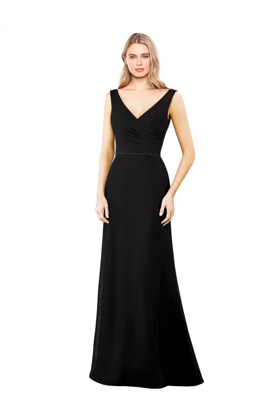Soft Chiffon V-Neck Sleeveless V-Back Black Long Prom Dress / Bridesmaid Dress Kent