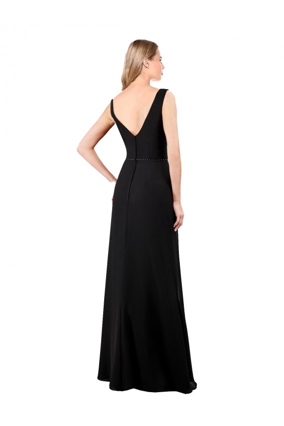 Soft Chiffon V-Neck Sleeveless V-Back Black Long Prom Dress / Bridesmaid Dress Kent