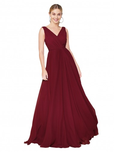 Soft Chiffon V-Neck Sleeveless V-Back Burgundy Long Formal Dress / Bridesmaid Dress Kent