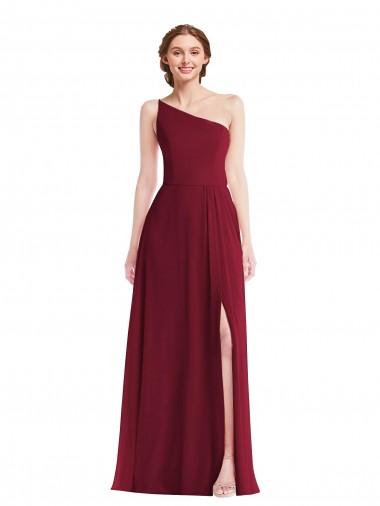 Soft Chiffon One Shoulder Sleeveless Burgundy Long Semi Formal Evening Dress / Bridesmaid Dress Kent