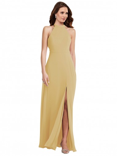 Soft Chiffon Halter Neck Sleeveless Open Back Gold Long Semi Formal Evening Dress / Bridesmaid Dress Kent