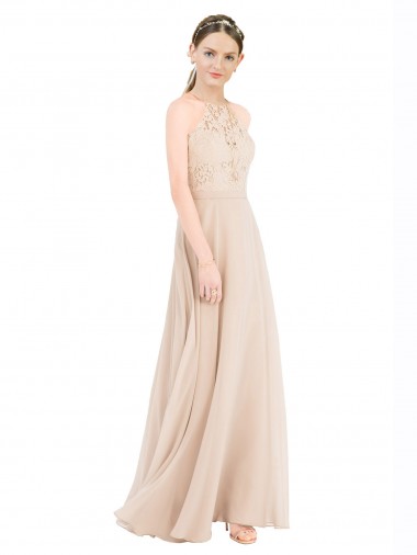 Soft Chiffon & Lace Halter Neck Sleeveless Keyhole Back Long Prom Dress / Bridesmaid Dress Kent