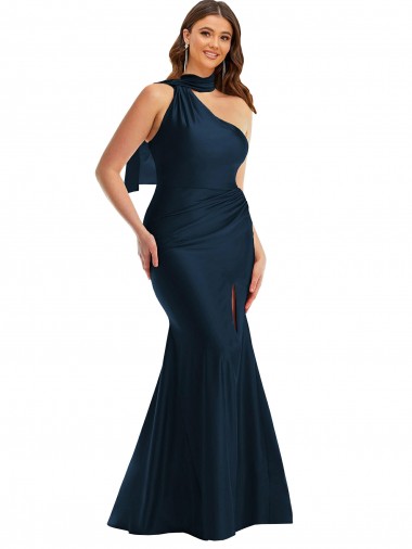 Silk like Satin One Shoulder Sleeveless Dark Navy Long Formal Plus Size Evening Gown / Prom Dress / Bridesmaid Dress Kent