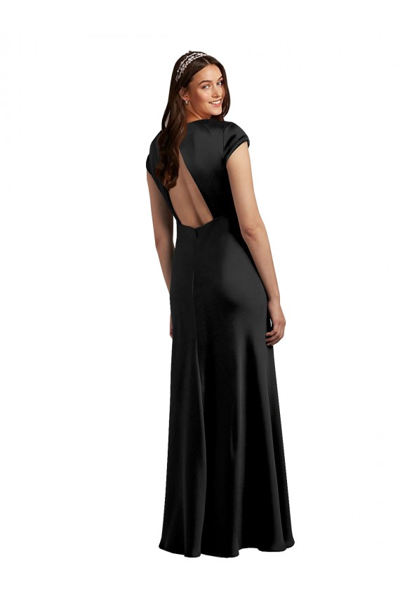 Stretch Satin V-Neck Cap Sleeves Keyhole Back Long Formal Evening Gown / Prom Dress / Bridesmaid Dress Kent