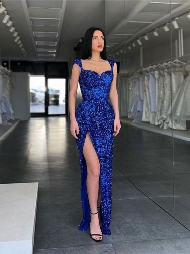 Velvet Sequin Spaghetti Straps Sleeveless Royal Blue Sweep Train Evening Gown / Prom Dress Kent